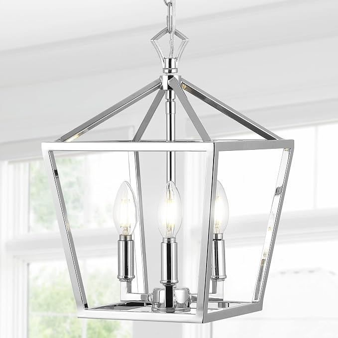 JONATHAN Y 10" Chrome 3-Light Pagoda LED Pendant Lantern, Classic Modern Farmhouse Chandelier for Kitchen Island, Dining Room, Entry, Foyer, Rustic Iron Frame (JYL7601C)
