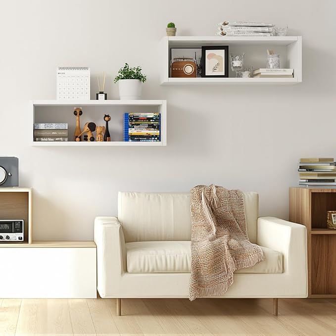Kaboon 24in Floating Cube Shelves Set of 2, Display Shelves Wall Mount, Decorative Hanging Shelves for Kitchen Living Room Office,(White, Rectangle 2 Cubes)