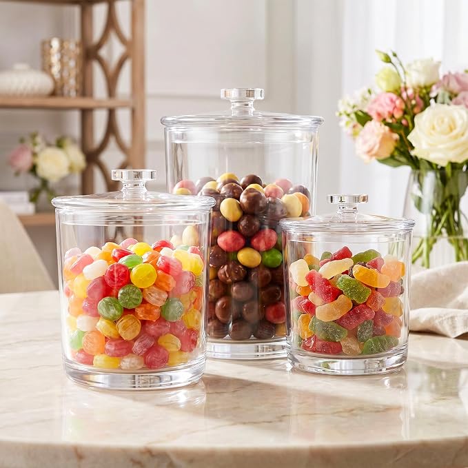 3 Pcs Plastic Apothecary Jar with Lid Decorative Crystal Wide Mouth Candy Jar for Candy Buffet Bathroom Storage Canisters Wedding Decor Acrylic Organization Canisters for Home