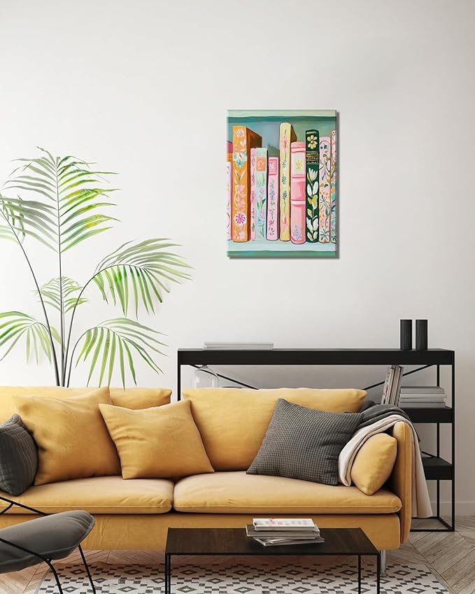 Book Wall Art Vintage Flower Books Canvas Wall Decor Pastel Bookshelf Artwork Painting Pictures Colorful Book Stack Posters Prints for Living Room Bedroom Reading Nook 12x16 Inch Framed