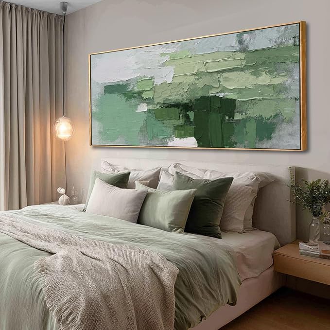 Green Hand-painted Abstract Canvas Wall Art, 32x70 Inch Framed Horizontal Artwork with Layered Green Tones for Living Room Decor