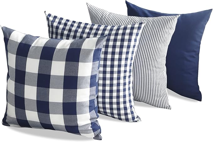 CARRIE HOME Navy Blue Buffalo Plaid Outdoor Throw Pillow Covers 18x18 Set of 4 Blue and White Farmhouse Decor Pillow for Couch Sofa Patio
