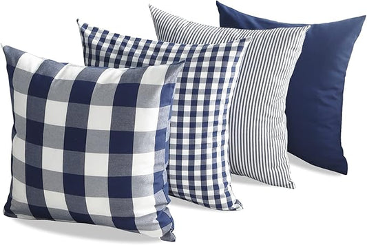 CARRIE HOME Navy Blue Buffalo Plaid Outdoor Throw Pillow Covers 18x18 Set of 4 Blue and White Farmhouse Decor Pillow for Couch Sofa Patio