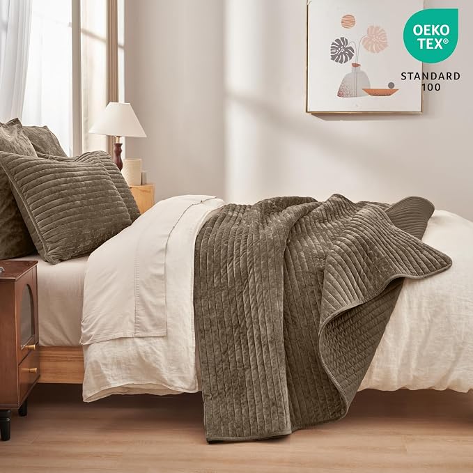 PHF Luxury Velvet Quilt Set Queen Size – 3PCS Ultra Soft Quilted Comforter Alternative with Striped Channel, Cozy Quilted Bedspread, 1 Coverlet with 2 Matching Shams, 90" x 92", Cub