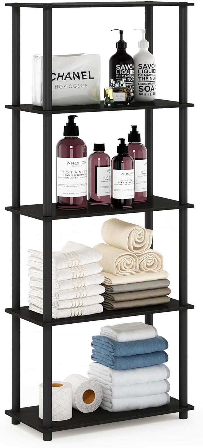 Furinno TURN-N-TUBE Storage Shelves, 5-Tier Book Shelf, Corner Shelf, Toolless Open Shelves, for Organization and Storage, Living Room, Garage, Home Office, Espresso