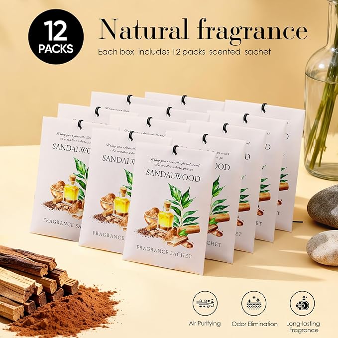 Sandalwood Scented Sachet Bags - 12 Pack Drawer & Closet Freshener, Long Lasting Odor Eliminator for Wardrobes, Cars & Storage, Home Fragrance Air Freshener Sachets