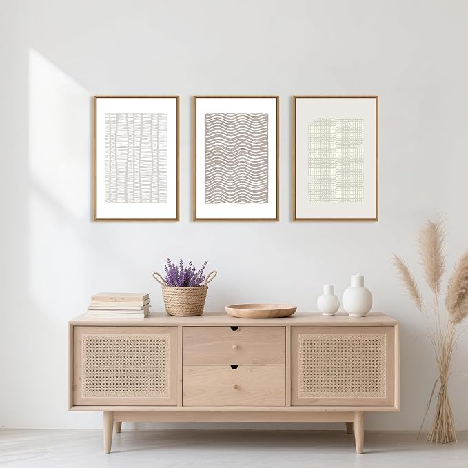 Large Abstract White and Beige Framed Canvas Wall Art,Geometric Dot and Line Wall Decor,Modern Wave Lines Artwork,Neutral Minimalist Shapes Art Print for Living Room,Bedroom,Office- 24"x36"x3