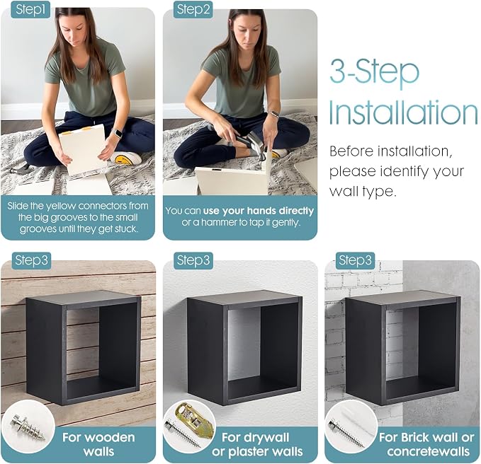 Kaboon Cube Shelves Set2, Black Display Shelves Wall Mount 7.75" D x 12.5" W x 12.5" H, (Black, Square 2 Cubes)