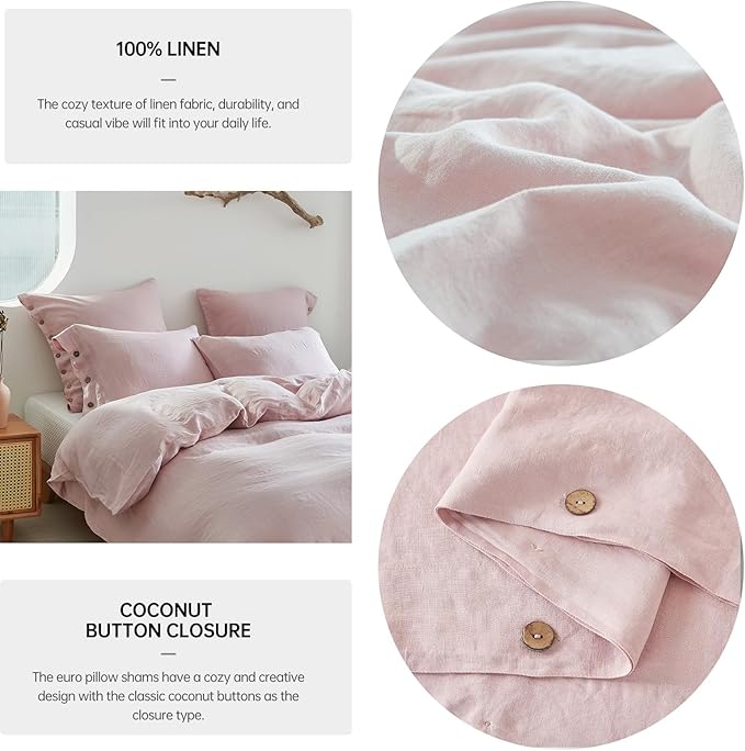Simple&Opulence 100% Washed Linen Euro Sham Cover, 26 x 26 Inch, Decorative Bed Pillow Cover with Coconut Button, Solid Color Pillow Shams Set of 2 (Blush Pink)