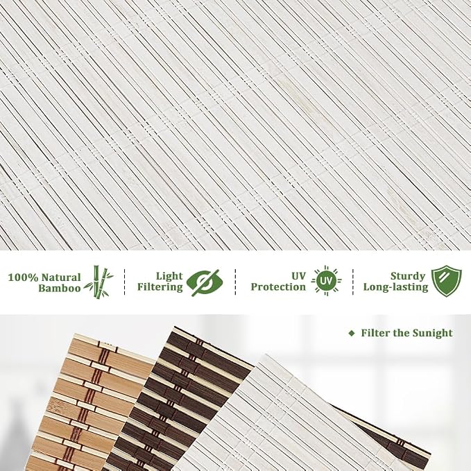 SEEYE Cordless Bamboo Blinds Shades, Light Filtering Bamboo Roller Shades Natural Roman Blind Shade, Roll Up Blind for Windows, Easy to Install for Door, Bedroom, 42" W x 64" H,White