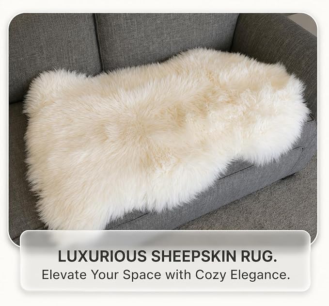 Genuine Sheepskin Rug – New Zealand Sheep Skin Fluffy Soft Single Pelt Lambskin for Bdroom, Living Room, Sofa, Chair, Bedside – Natural Ivory White Area Rug (2 x 3 ft)