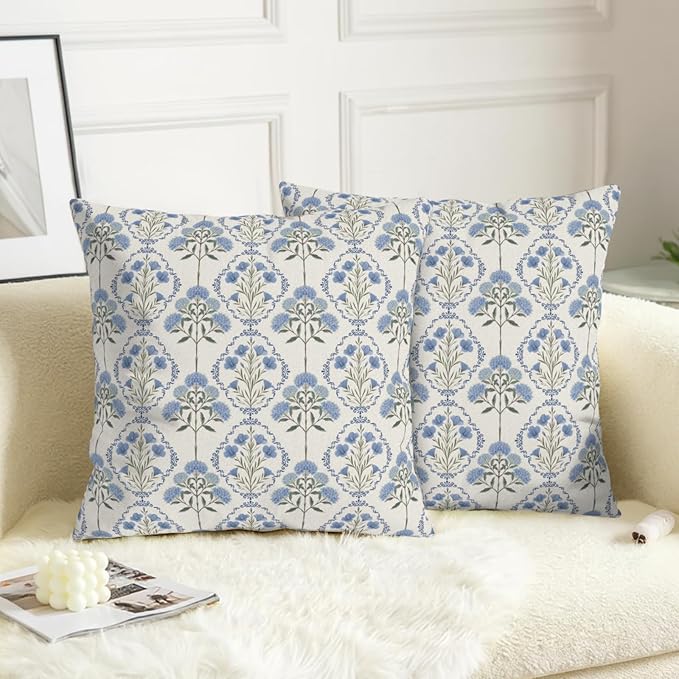 2 Pack Vintage Floral Pillow Covers Spring Summer Pillow Cases Blue Green Boho Flower Block Print Throw Pillow Covers 24x24 Rustic Hydrangea Cushion Case for Home Farmhouse Decor
