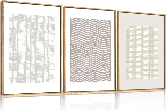 Large Abstract White and Beige Framed Canvas Wall Art,Geometric Dot and Line Wall Decor,Modern Wave Lines Artwork,Neutral Minimalist Shapes Art Print for Living Room,Bedroom,Office- 16"x24"x3