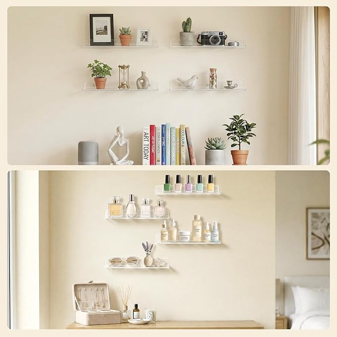 Lifewit Floating Shelves for Bathroom, 15" Acrylic Wall Organizer for Perfume, Makeup, Figures, Nail Polish, Photo, Book, Decor Display Rack for Nursery, Living Room, Bedroom, Kitchen, Clear, 6 Pack