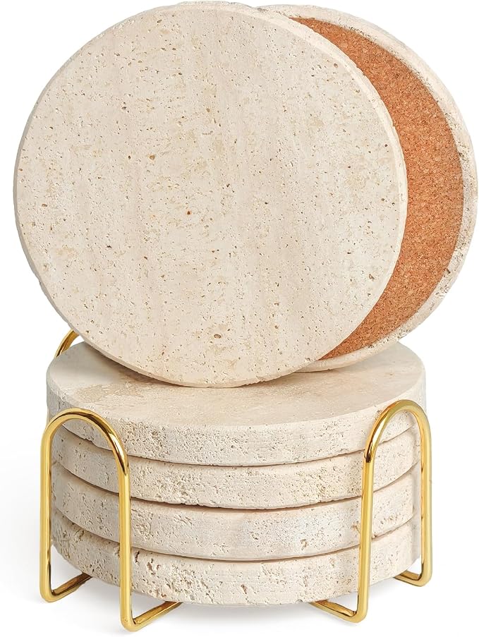Natural Travertine Marble Coasters Set of 6-4" Round Stone Drink Coasters, Non-Slip Cork Backing, Festival Gifts, Wedding, Protect Tables from Stains & Scratches.