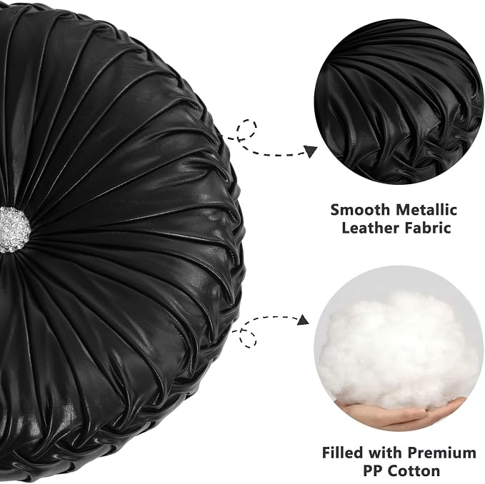 HIG Set of 2 Handcrafted Black Ruched Round Throw Pillows – 14.5’’ Metallic Leather Decorative Pillows with Soft Polyester Filling for Couch, Bed, Living Room, Bedroom, or Dorm