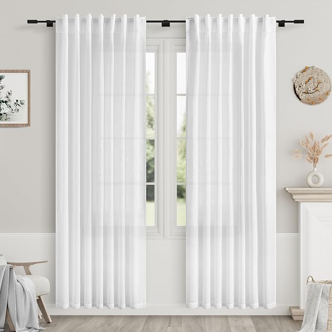Nanspring White Semi Sheer Linen Curtains 79 Inch Length for Living Room 2 Panels Set Back Tab Rod Pocket Modern Farmhouse Coastal Decor Linen Textured Gauze Curtains for Dining Room Office 52x79