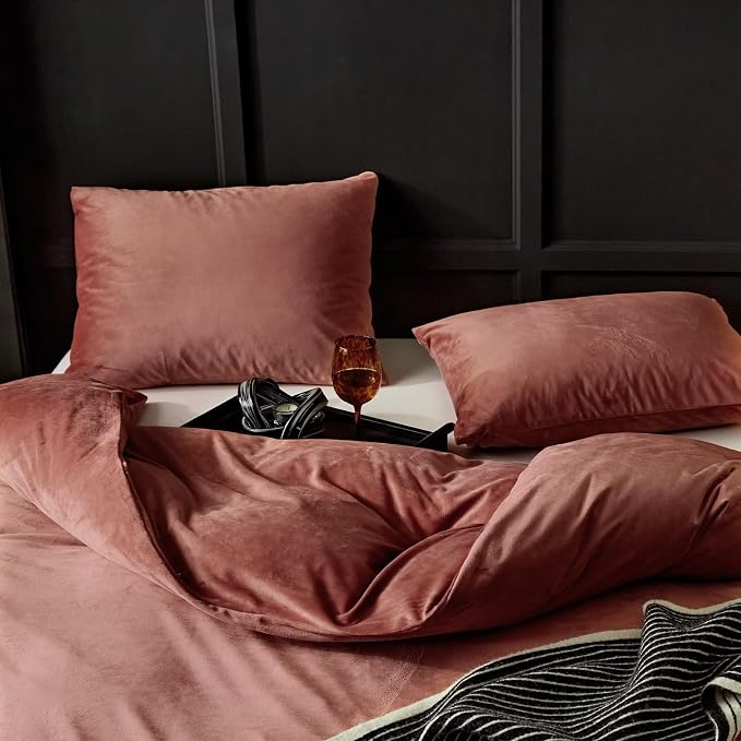 WARMDERN Blush Pink Flannel Velvet Duvet Cover King Size Duvet Cover Bedding Sets, 3pcs Ultra Soft Luxury Textured Modern Crystal Velvet Duvet Covers with Zipper Closure(Blush Pink, King)