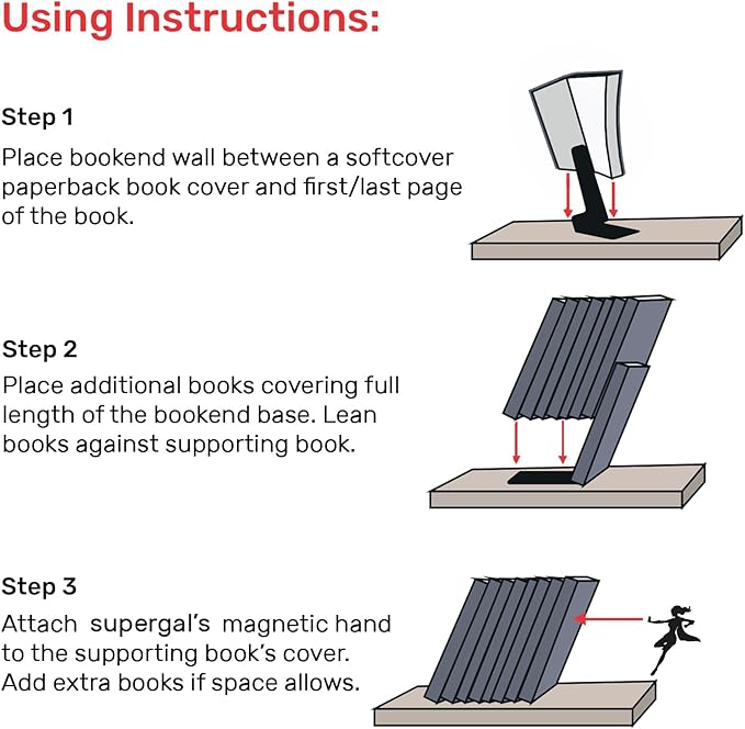 Stylish Metal Bookend in Black - Book Holder for Any Angle, Shelf, Desk, Desk - Decorative Book Organiser Book Holder - The Coolest Gift Idea (Supergal)