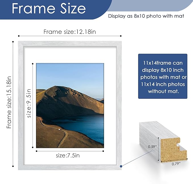PEALSN 11x14 Picture Frame Set of 6, Display Pictures 8x10 with Mat or 11x14 without Mat for Wall Mounting or Table Top Display, Photo Frames Collage for Wall Decor, Silver