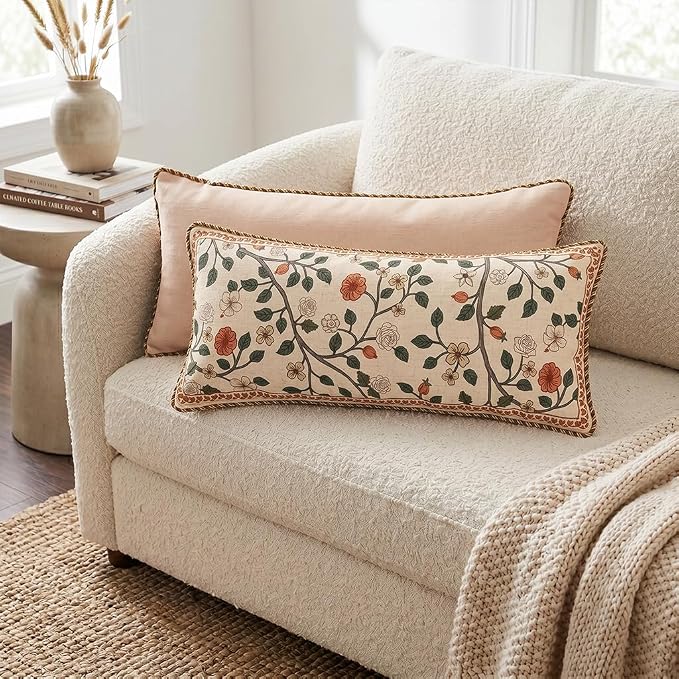ISAENNE Designer Elegant Vintage Linen Throw Pillow Cover,28"x12"-Flora A | French Rectangle Decor Pillow Cover,Concealed Zipper Design,Floral Pattern,Sofa,Bedroom,Living Room,Lounge Chairs