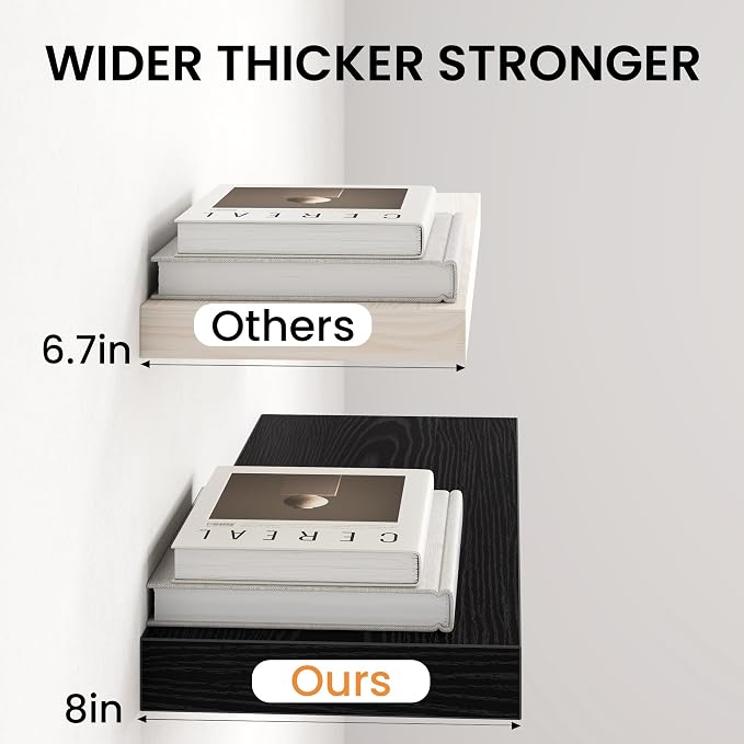 Fun Memories 16Inch Floating Shelves for Wall, 8 Inch Deep Shelves for Bathroom|Bedroom|Kitchen Wall Mounted, Wood Hanging Shelf with Invisible Brackets for Home Storage Decor, Black - 3 Pack