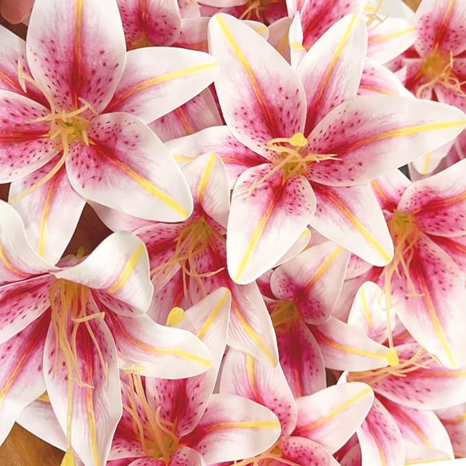 SNAIL GARDEN 24PCS 5.5" Large Fake Lilies Flower Heads with Realistic Stamens,24PCS Pink Artificial Flower Heads, Bulk Silk Flowers for Crafts, Cake Decorating, Wedding Party Wreath, Home Decor
