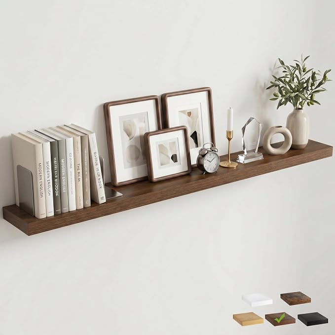 Venusmiles Floating Shelves for Wall, 55 Inch Floating Shelves Set of 1, 6.5" D Wooden Wall Mounted Display Shelves with Invisible Brackets for Living Room, Bedroom, Bathroom, Kitchen Decor, Walnut