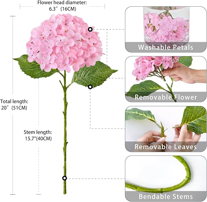 ZYTUYO 20 inches 4 Pcs Soft Pink Real Touch Hydrangea Artificial Flowers Boho Lifelike Real Looking Latex Hydrangeas Flower with Long Stem for Home Decor Spring Table Centrepiece