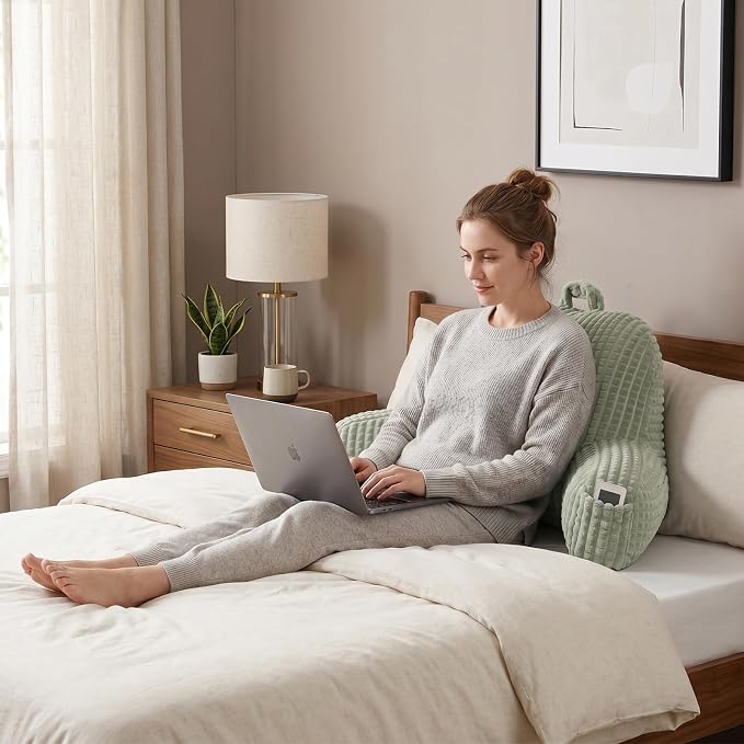 Reading Pillow with Arms for Sitting in Bed,Backrest,Green Flannel,M | 17" Backrest Supports Back for College Students,Elbows & Forearms for Dorm Reading,Gaming,Watching TV