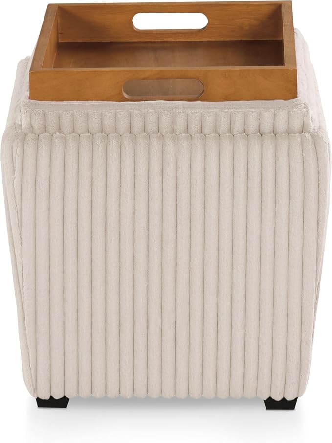 Furniture of America Lennox Modern Chenille 17-inch Square Storage Ottoman with Reversible Tray Top, Upholstered Footstool for Living Room, Bedroom, Entryway, Beige Pink