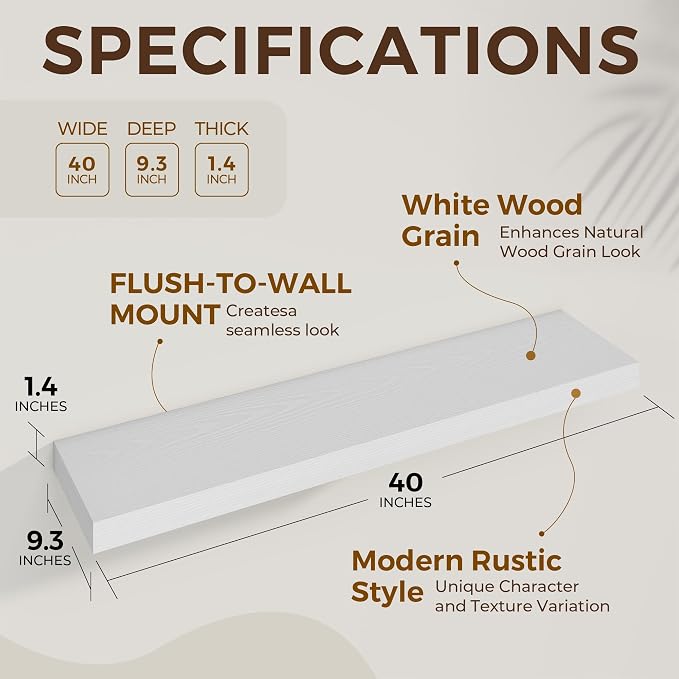 Dreamland 40Inch White Floating Shelves 9.3" Deep Wall Mounted Set of 2 | Wall shelves for bathroom, bedroom, Living Room, kitchen, deep wall mount wood storage display for home decor 40" x 9.3"