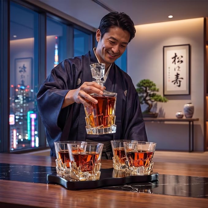 Ridge Japanese Crystal Whisky Decanter Set with 4 Tumbler Glasses, Lead-Free Liquor Carafe & 10oz Rocks Glasses - Scotch Bourbon, Spirits & Wood Base Elegant Barware Gift for Men, Japan Design Gifts