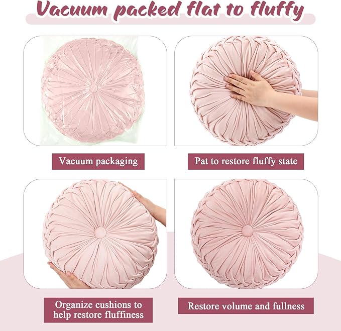 Drydiet 1 Pcs Round Throw Velvet Pillows Decorative Pleated Throw Pillows Diameter Accent Pumpkin Boho Chair Cushion for Couch Sofa Home Decoration (Pink,15'')