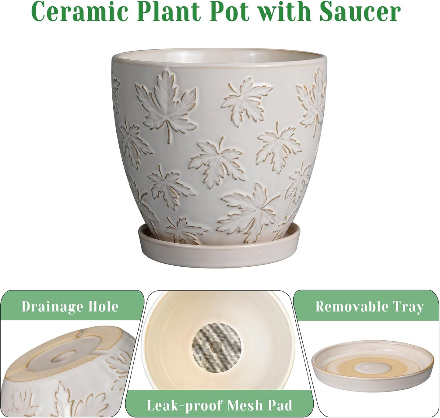 Ceramic Pots for Plants - 8 Inch Plant Pot with Drainage Hole and Saucer Large Planter Pot for Indoor Plants Outdoor Modern Flower Pot Home Decor White