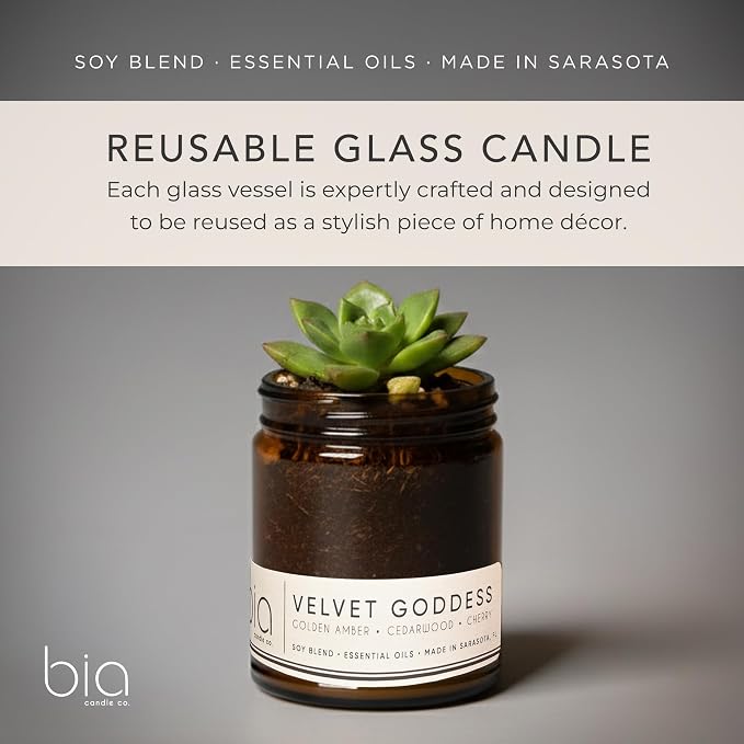 Bia Candle Co Velvet Goddess Soy Candle, Cherry Jasmine Amber Scent, Rose Vanilla Cassis, Perfume Inspired, Hand Poured USA, High Fragrance Load, Lead-Free Wick, Reusable Jar, 7 oz