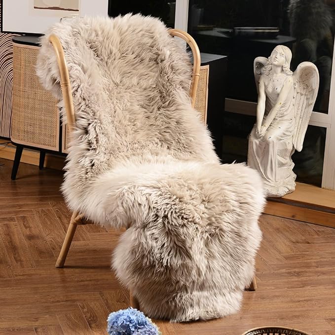 LLB Genuine Sheepskin Area Rug Wool Rug Fur Carpet Fluffy Shaggy Fur Rug for Living Room Kids Bedroom Real Sheepskin Throw Lambskin Rugs Sofa Mat Chair Seat Covers (Cream Brown, 2 x 6 ft Sheepskin)