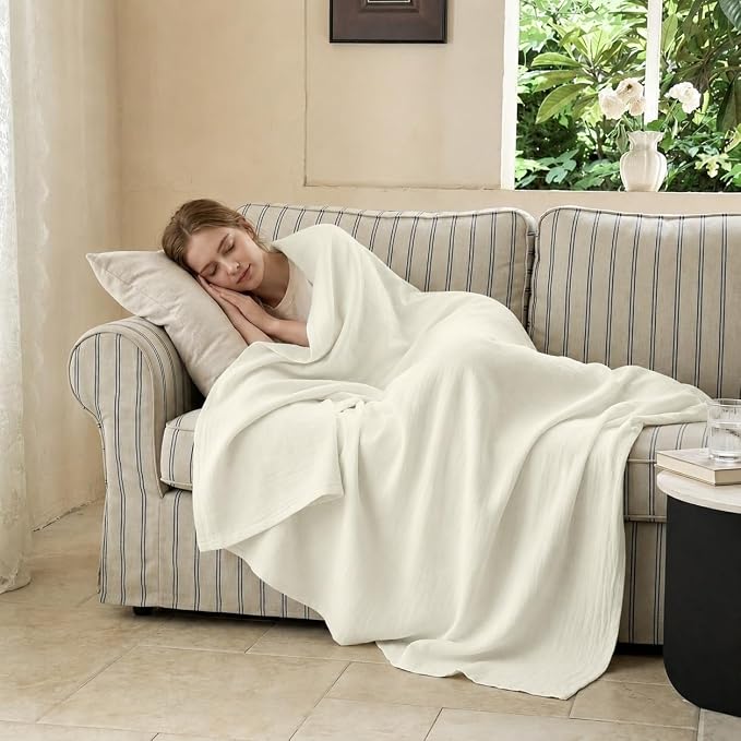 Simple&Opulence Linen Cotton Throw Blanket with Double Layered Folded Edge for Couch/Bed/Sofa/Gift, Natural Flax Solid Color Soft Breathable Cozy Farmhouse Home Décor - White, 50"x60"