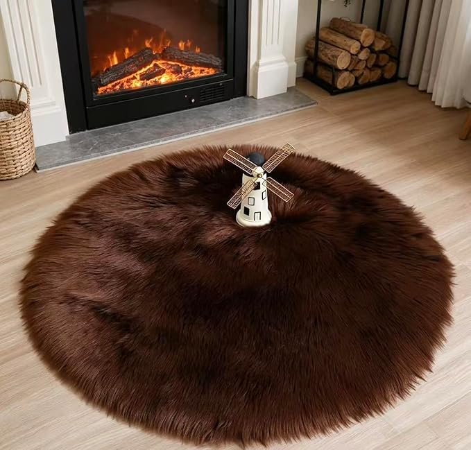 Faux Fur Sheepskin Rug Super Soft Fluffy Plush Area Rug Bedroom Floor Children's Room Sofa Cushion Living Room Runners Bedside Rugs (Coffee, 3×3 ft Rotund), 33KFYX
