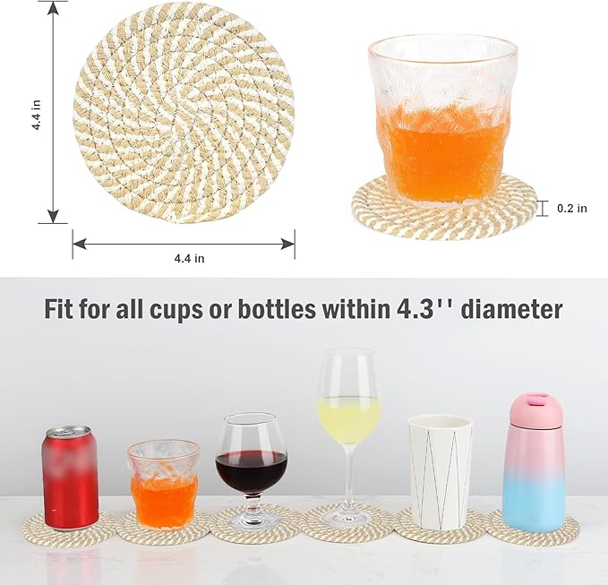 ABenkle Drink Coasters with Holder Set of 10, Cotton Woven Absorbent Coasters for Drinks, Minimalist Home Decor Coaster Set for Wooden Tabletop Protection Table, 4.3 inches