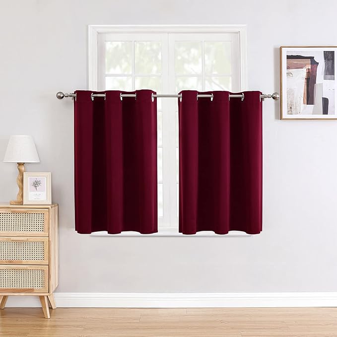 ChrisDowa Small Window Curtains for Kitchen and Bedroom - Grommet Short Thermal Insulated Room Darkening Curtains (2 Panels, Burgundy Red, 36 x 24 Inch)