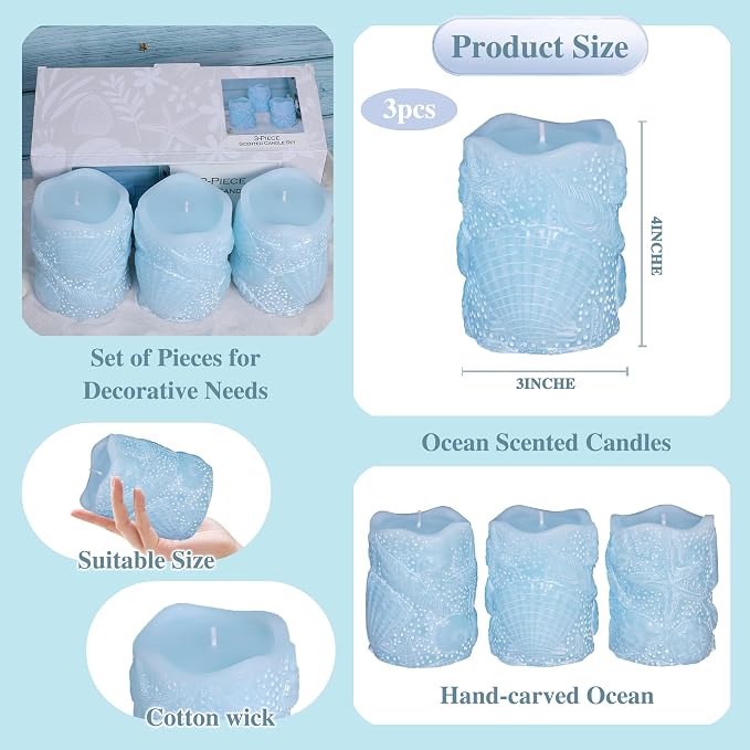Ocean Scented Pillar Candles Hand-Poured Blue Starfish Conch Seashell Aromatherapy Candles for Home Scented, SPA, Restaurant, 3x4 Inch Set of 3, 150+ Hours Burn Time Dripless Smokeless