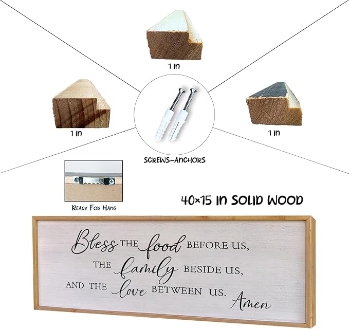 Surfapans Bless the Food Before Us Wall Decor, 40"X15" Farmhouse Dining Room Family Kitchen Sign, Christian Bible Verse Scripture Vintage Home Framed Wood Wall Art(Wood White)
