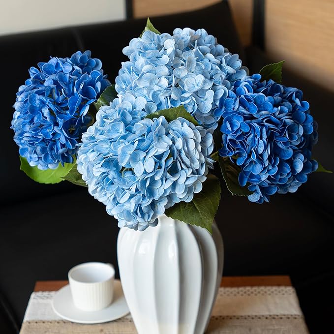 DUYONE 3PCS 22 inch Realistic Artificial Hydrangea Large Flowers Artificial Flowers Dry Flowers Outdoor Wedding Christmas Office Family Party Living Room Table Decoration (Blue)