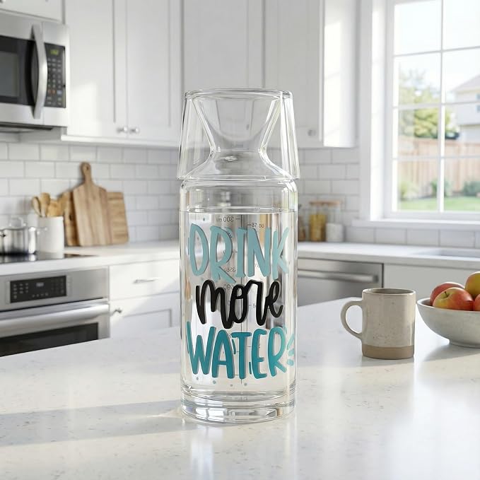 RAKLE Bedside Water Carafe & Glass Cup Set, 700cc 24oz Nightstand Decanter for Bedroom Kitchen Office, Glass Carafe Set for Home, Motivational Sayings