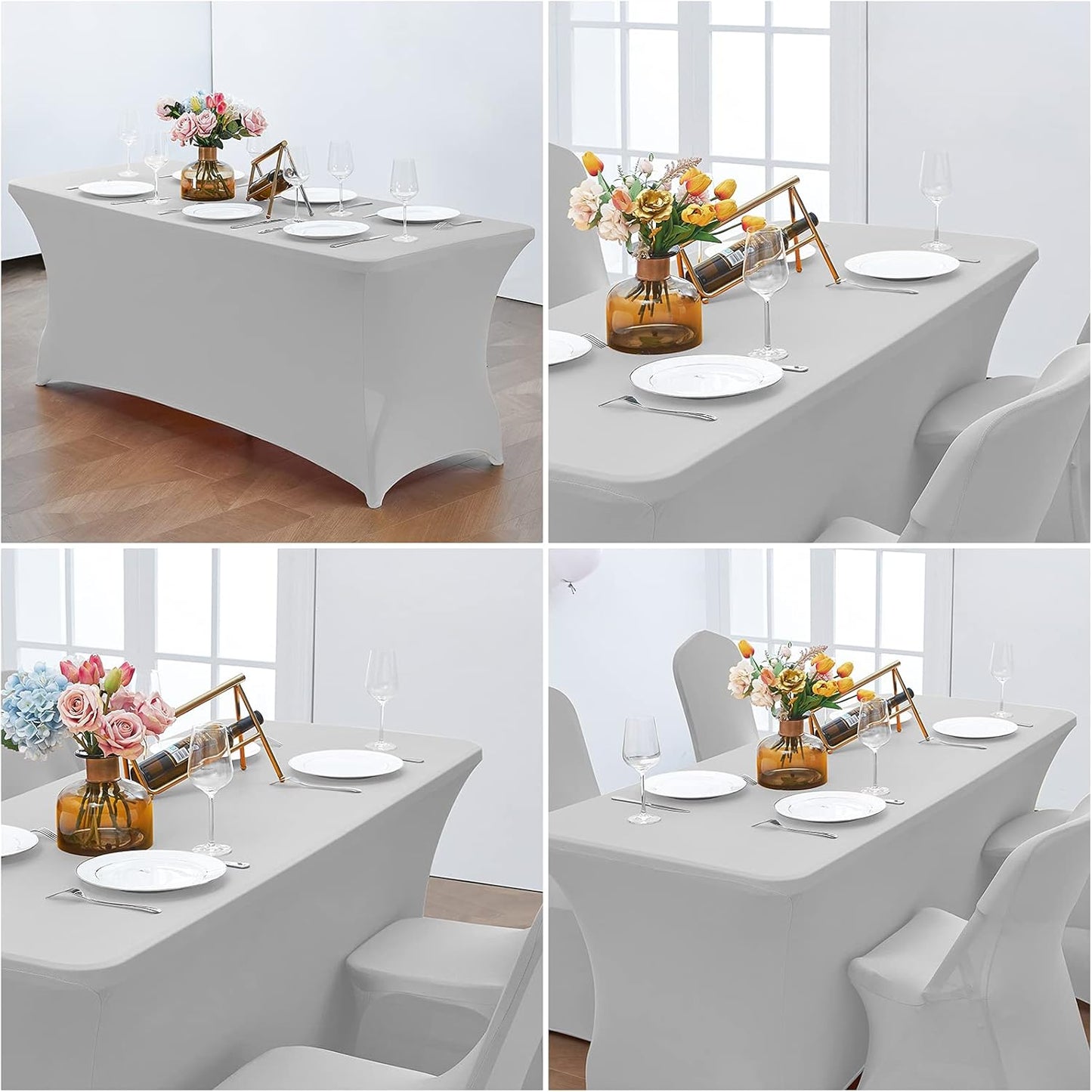 CWK 4FT Waterproof Stretch Spandex Table Cover for Rectangular Tables - Elastic Fitted Tablecloth for Folding Tables,Wrinkle Resistant Table Cloth for Parties, Weddings, Banquets & Events (Silver)