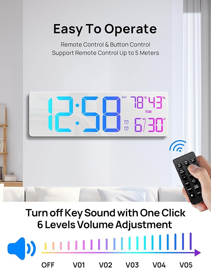 18.5" Large Digital Wall Clock with Remote Control, Big LED Display Digital Clocks with Night Light, Alarm, Countdown, DST, Temp, Date for Living Room, Bedroom, Office, Gifts for Seniors(White)