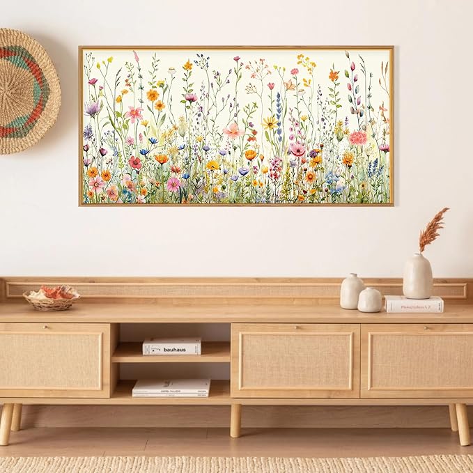 HPINUB Colorful Flower Framed Canvas Wall Art Set, Watercolor Daisy Floral Wall Decor, Wildflower Green Leaf Wall Painting, Multicolour Botanical Art Print for Living Room, Bedroom, Office -20"x40"