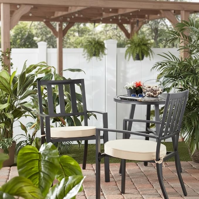 Set of 2 Outdoor 18 inch Round Patio Dining Chair Pads – Comfortable Fiber-Filled Seat Cushions with Ties, Reversible Polyester Fabric, Stone