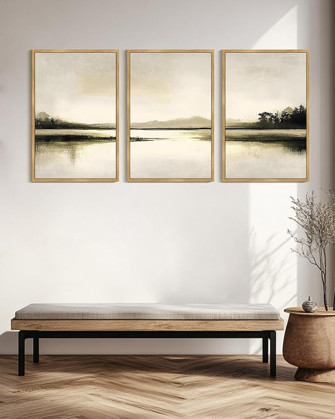 PHOPAGO Abstract Lake Landscape Framed Wall Art Huge 24x36in Watercolor Nature Wilderness Paints Nordic Neutral Tan Illustration Decorative - Natural Framed
